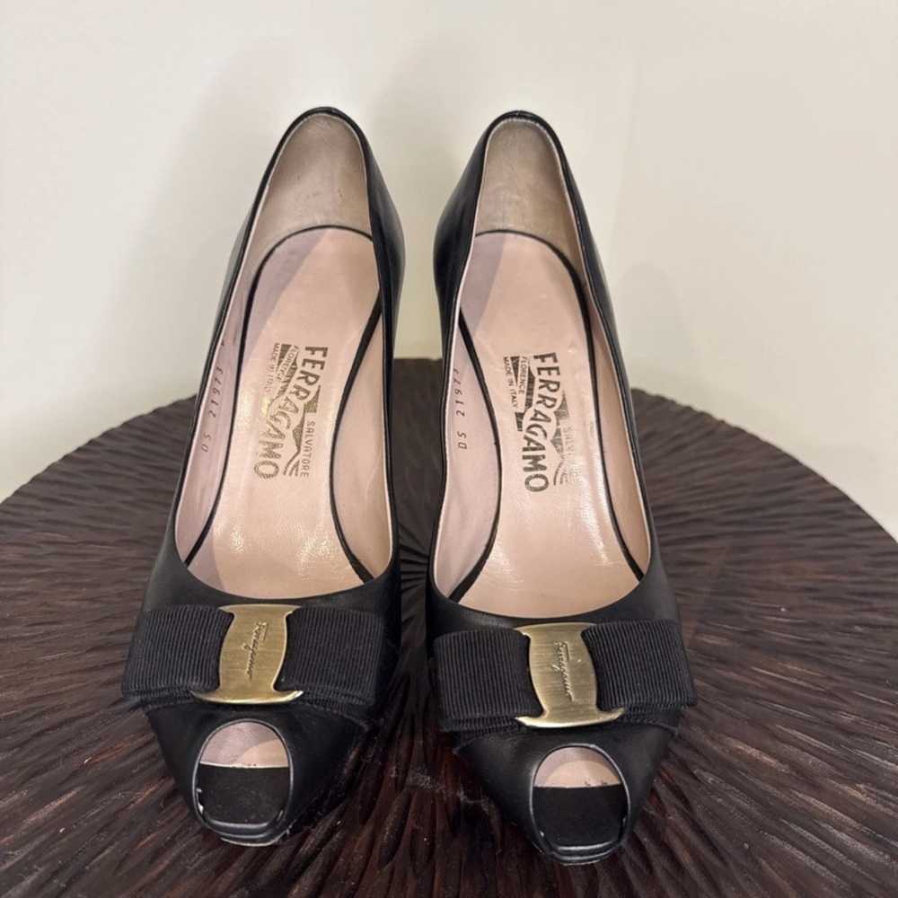 Salvatore Ferragamo Black Peep-Toe Heels with Gold Accent